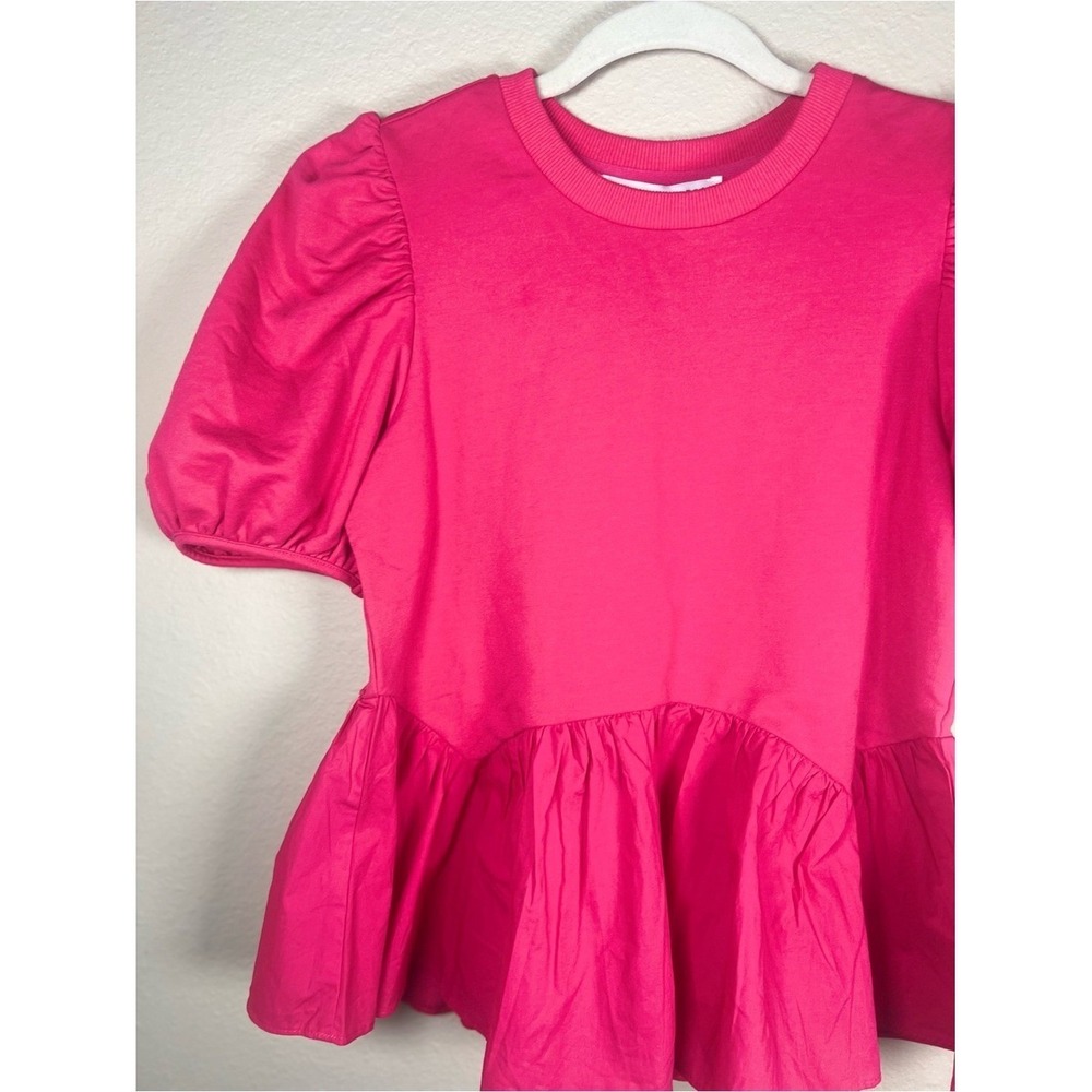 English Factory Mixed Media Puff Sleeve Peplum Top Pink XS NWT Crewneck Blouse - Picture 3 of 10